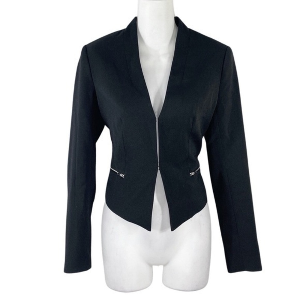 H by Halston Black Hook Front Collarless Zipper Detail Blazer Jacket 2